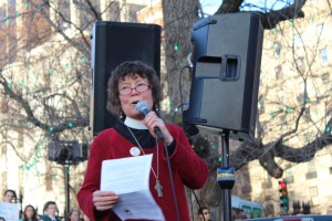 Margaret speaks at "Jobs, Justice, & Climate" on Dec. 12, 2015, the biggest climate rally in Boston's history (photo by Joel Wool)